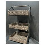 Three-Tier Wicker Basket Stand on Metal Frame