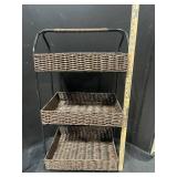 Three-Tier Wicker Basket Stand on Metal Frame