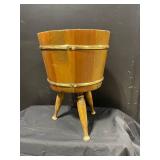 Vintage Coopered Wooden Bucket on Brass-Banded Tripod Stand