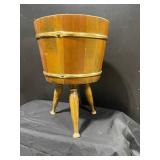 Vintage Coopered Wooden Bucket on Brass-Banded Tripod Stand