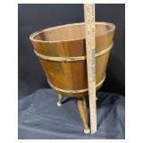 Vintage Coopered Wooden Bucket on Brass-Banded Tripod Stand