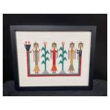 Framed Cross-Stitch Textile Art - Signed BMW 04, Folk-Style Figures