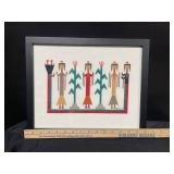 Framed Cross-Stitch Textile Art - Signed BMW 04, Folk-Style Figures