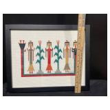 Framed Cross-Stitch Textile Art - Signed BMW 04, Folk-Style Figures