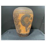 Hand-Carved Vase With Geometric Tribal Motifs - Inscribed 1992