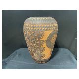 Hand-Carved Vase With Geometric Tribal Motifs - Inscribed 1992
