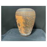 Hand-Carved Vase With Geometric Tribal Motifs - Inscribed 1992