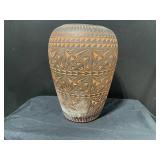 Hand-Carved Vase With Geometric Tribal Motifs - Inscribed 1992