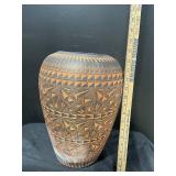 Hand-Carved Vase With Geometric Tribal Motifs - Inscribed 1992
