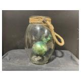 Decorative Glass Jar Lantern with Hemp Rope Wrap and Glass Marbles Inside