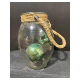 Decorative Glass Jar Lantern with Hemp Rope Wrap and Glass Marbles Inside