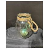 Decorative Glass Jar Lantern with Hemp Rope Wrap and Glass Marbles Inside