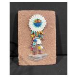 Three-Piece Display Lot: Figurine in Wire Basket & Native American Headdress Brick Plaque and Carved Wooden Capatin