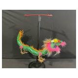 Dragon Puppet Prop - Green Sequined Dragon Body with Orange Flame Trim & Pink Mane
