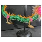 Dragon Puppet Prop - Green Sequined Dragon Body with Orange Flame Trim & Pink Mane