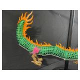 Dragon Puppet Prop - Green Sequined Dragon Body with Orange Flame Trim & Pink Mane