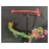 Dragon Puppet Prop - Green Sequined Dragon Body with Orange Flame Trim & Pink Mane