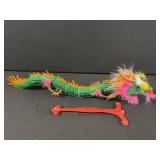 Dragon Puppet Prop - Green Sequined Dragon Body with Orange Flame Trim & Pink Mane