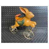 Vintage Wooden BunnyToy on Metal Wheels with Green Saddle Patch