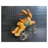 Vintage Wooden BunnyToy on Metal Wheels with Green Saddle Patch
