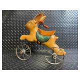 Vintage Wooden BunnyToy on Metal Wheels with Green Saddle Patch