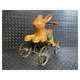 Vintage Wooden BunnyToy on Metal Wheels with Green Saddle Patch