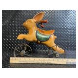 Vintage Wooden BunnyToy on Metal Wheels with Green Saddle Patch
