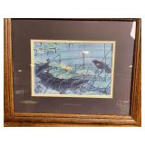 Framed Wildlife Print - Fish and Lily Pads Scene in Wooden Frame