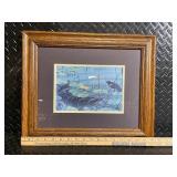 Framed Wildlife Print - Fish and Lily Pads Scene in Wooden Frame