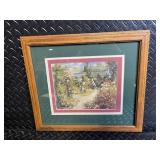Framed Garden Scene Print with Florals and Distant Trellis - Wood Frame