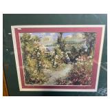 Framed Garden Scene Print with Florals and Distant Trellis - Wood Frame