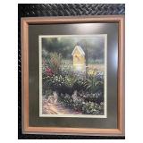 Framed Garden Scene Print with Rabbits, Birdhouse & Butterfly