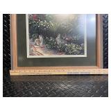 Framed Garden Scene Print with Rabbits, Birdhouse & Butterfly