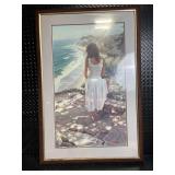 Framed Beach Scene Print - Woman in White Dress on Cliff Overlooking Ocean