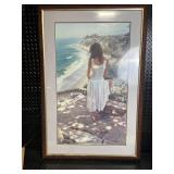 Framed Beach Scene Print - Woman in White Dress on Cliff Overlooking Ocean