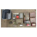 Bin w/hose clamps, 21-piece drum sanding kit, nuts, bolts, screws, etc…