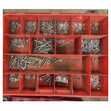 Bin w/hose clamps, 21-piece drum sanding kit, nuts, bolts, screws, etc…