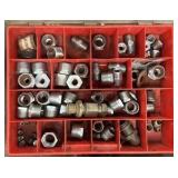 Bin w/hose clamps, 21-piece drum sanding kit, nuts, bolts, screws, etc…