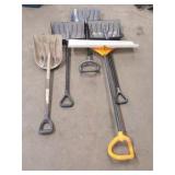 Rakes, brooms, shovels, squeegees, axe