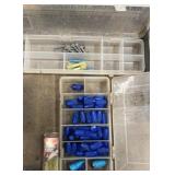 Bin w/hose clamps, 21-piece drum sanding kit, nuts, bolts, screws, etc…