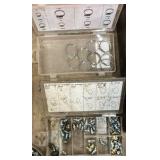 Bin w/hose clamps, 21-piece drum sanding kit, nuts, bolts, screws, etc…