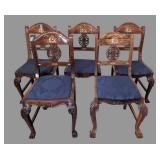 LL - Set of 5 Vintage Wood Dining Chairs with Inlaid Marquetry - Elephant Sedan Chair Motif