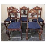 LL - Set of 5 Vintage Wood Dining Chairs with Inlaid Marquetry - Elephant Sedan Chair Motif
