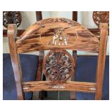 LL - Set of 5 Vintage Wood Dining Chairs with Inlaid Marquetry - Elephant Sedan Chair Motif
