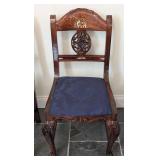 LL - Set of 5 Vintage Wood Dining Chairs with Inlaid Marquetry - Elephant Sedan Chair Motif