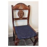 LL - Set of 5 Vintage Wood Dining Chairs with Inlaid Marquetry - Elephant Sedan Chair Motif