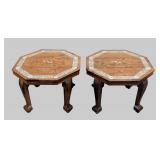 LL - Pair of Vintage Indian Inlaid Wood Side Tables - Octagonal Tops
