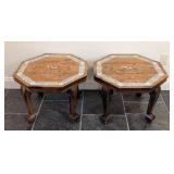 LL - Pair of Vintage Indian Inlaid Wood Side Tables - Octagonal Tops