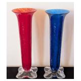 ML - Signed Art Glass Vases Pair - Red and Blue Crackle Glass
