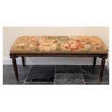 LL - Vintage Needlepoint Top Wood Bench, Carved Frame